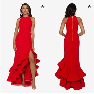 Betsy & Adam Red Halter Tiered Ruffle Formal Gown | Size 2